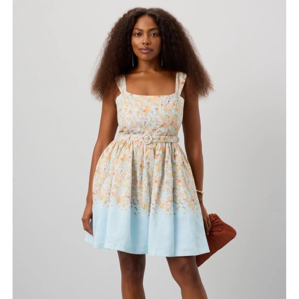 PETER SOM Dress Women Size 12 Linen Blue Floral Tie Accents Smocked Back